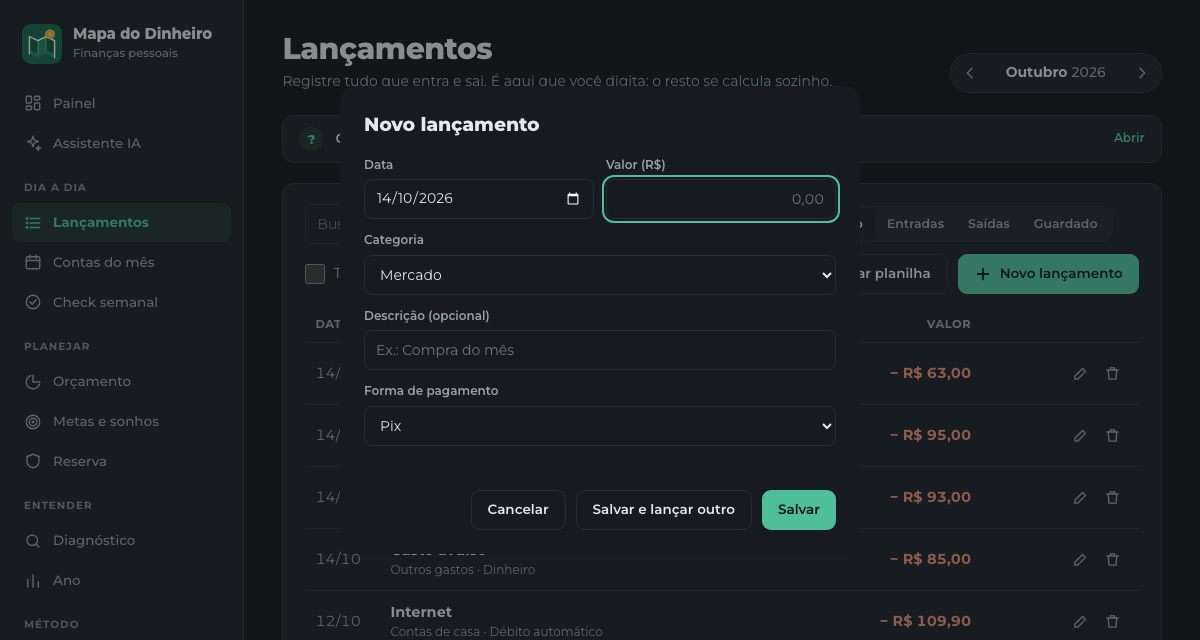 Tela de novo lançamento do Mapa do Dinheiro